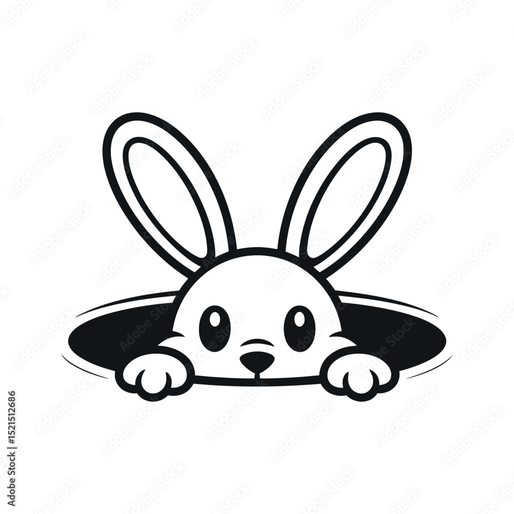 Fototapeta premium Cute Cartoon Rabbit Peeking Out of a Hole Black and White Vector Illustration Easter Bunny Spring Burrow Animal Isolated on White