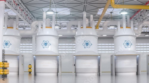 concept of a SMR small modular nuclear reactor power plant on a sunny day. SMR is a future energy concept. 3d rendering.