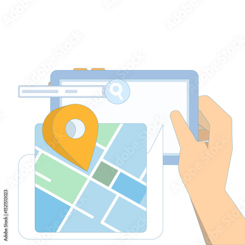 Tracing Location campaign concept. Route planning, location tracking. City travel navigation. Navigation on the map. Map device with GPS pins. Flat vector design illustration on the background.