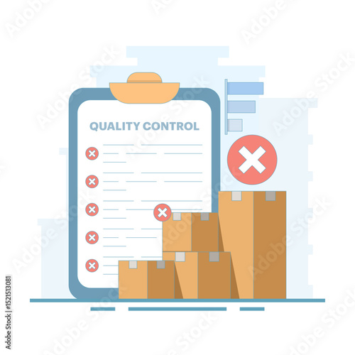 Quality control concept that directs product rejection during inspection. Rejecting product that does not meet quality standards. Product rejection or problem. Design illustration.