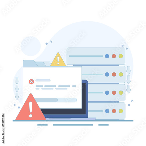 Server errors and failures. Poor Hosting Quality. Server Downtime. Traffic Flood, and DNS Issues. Service Disconnection. Server errors and failures. Flat illustration on background.