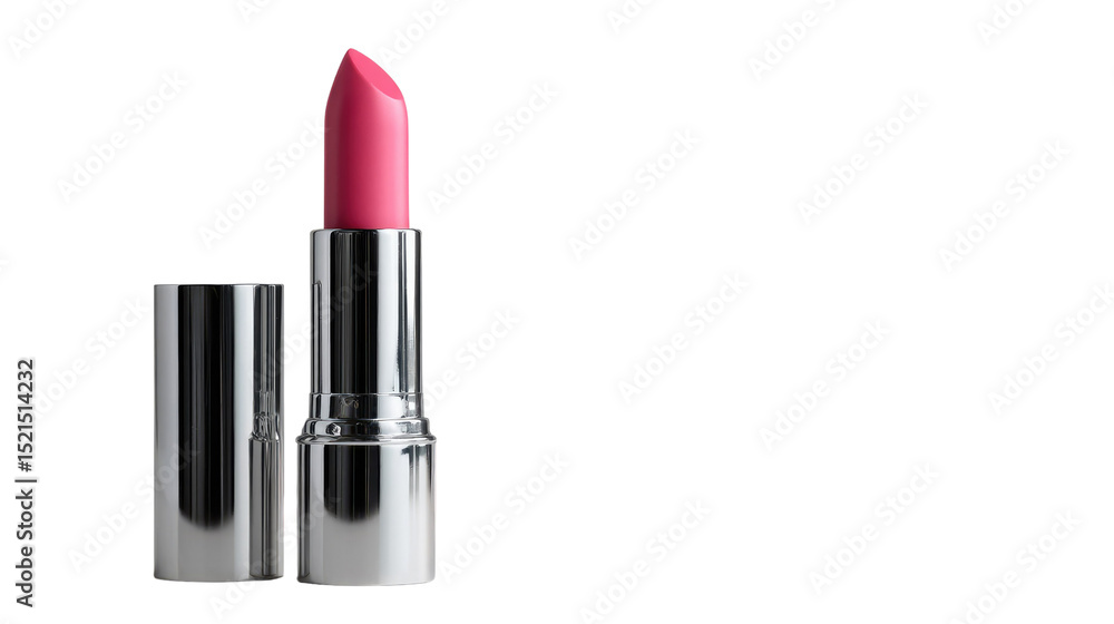 Radiant Hue: A vibrant pink lipstick and its metallic silver case, poised to bring forth a burst of color and style. Radiant Hue: A vibrant pink lipstick and its metallic silver case, poised to bring forth a burst of color and style.