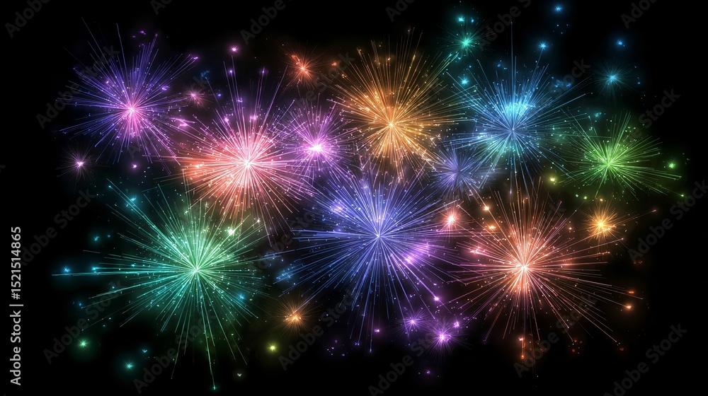 Naklejka premium Vibrant glowing fireworks in blue, green, yellow, orange, red, and purple on black background, perfect for festive design