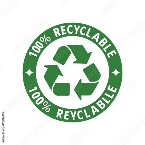 Green Circular 100 Percent Recyclable Symbol with Arrows and Stars Eco Friendly Packaging and Sustainable Product Design Isolated on White