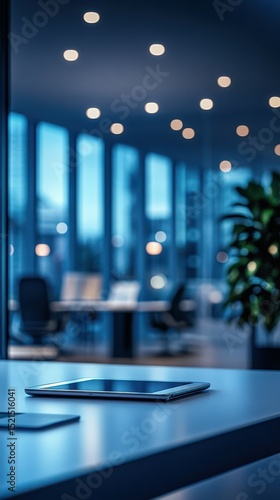 Tablet and smartphone sitting on desk in modern office space during nighttime