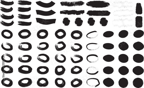 Mega bundle of different ink brush strokes:rectangle,square and round freehand drawings.Ink splatters,grungy painted lines,artistic design elements:waves,circles,triangles.Vector paintbrush