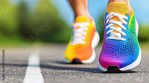 Vibrant Rainbow Running Shoes on Asphalt Track