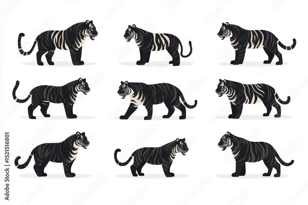 Naklejka premium Bundle of modern cartoon tiger illustrations in black and white