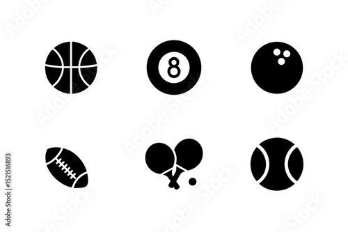 Ball and Sports Equipment Silhouette Icons Set