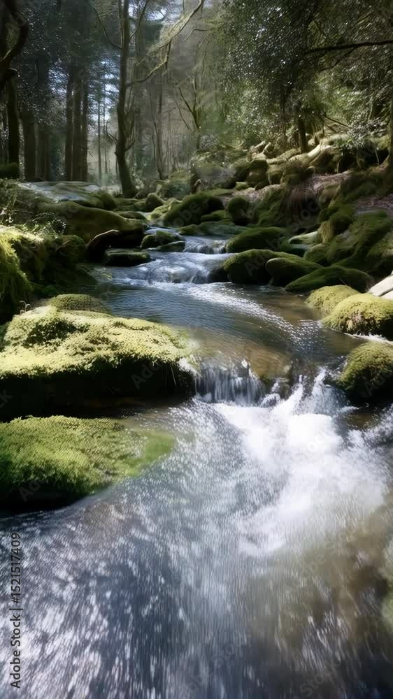 Babbling brook cascades through a verdant forest with mossy rocks and dappled sunlight creating a serene natural environment in the wilderness. Babbling brook cascades through a verdant forest with mossy rocks and dappled sunlight creating a serene natural environment in the wilderness.
