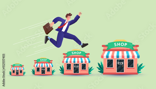 Businessman expand store for growth business franchising. marketing to improve retail store and achieve success. businessman jumping on bigger franchise shop. Profit with Franchising Business. vector