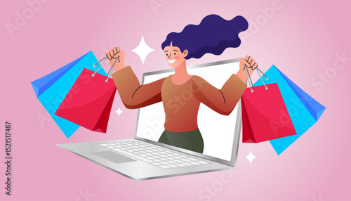 A happy woman emerges from a laptop screen with shopping bags in this vibrant vector art, capturing the fun and excitement of online shopping, sales, and e-commerce.