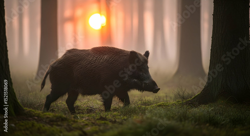 Wild Boar Foraging At Dawn In Forest, Tranquil Nature Scene