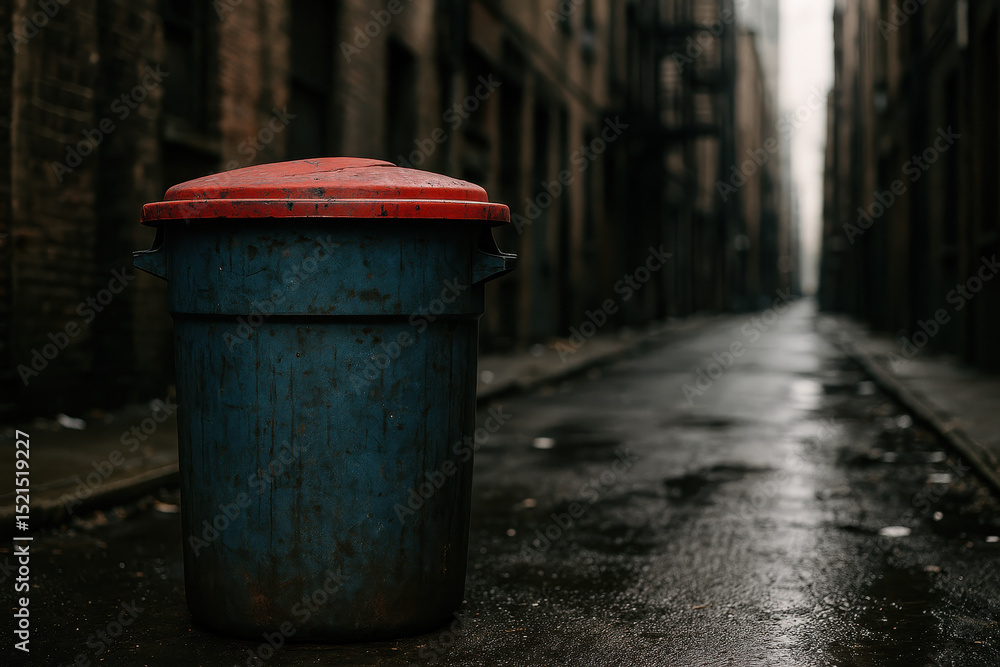 Gritty Blue Garbage Bin In Empty Wet Urban Alley Surrounded By Tall Brick Buildings Gritty Blue Garbage Bin In Empty Wet Urban Alley Surrounded By Tall Brick Buildings
