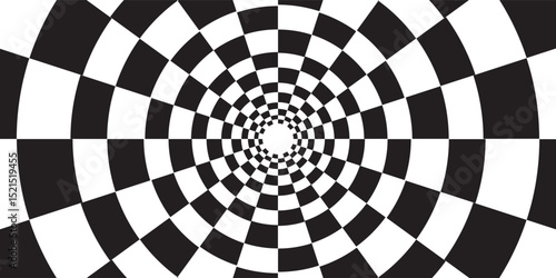 Abstract checkered circle frame vector illustration. Vintage black and white alternating square tiles circular border. Checkerboard round race flag.