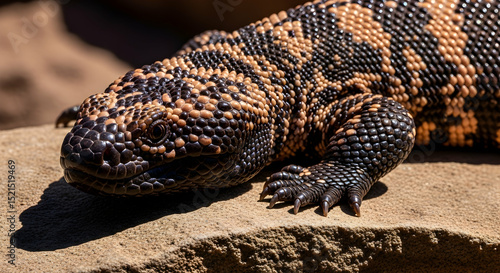 Gila Monster Portrait Featuring Detailed Scales And Vivid Coloration On Rocky Surface
