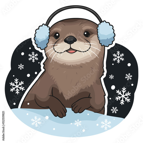 Otter wearing tiny ear muffs, surrounded by snowflakes, looking cozy and happy. Vector sticker design