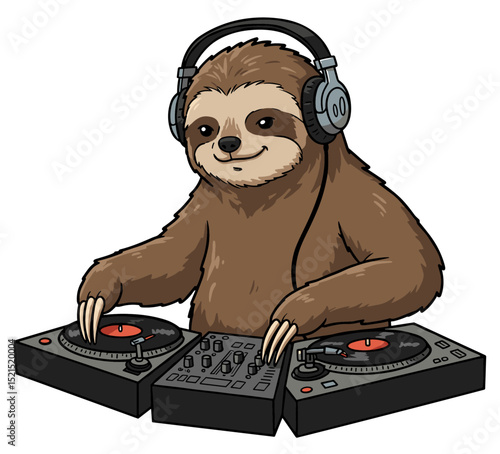 Sloth DJ, with headphones and turntables, looking surprisingly cool. Vector sticker design