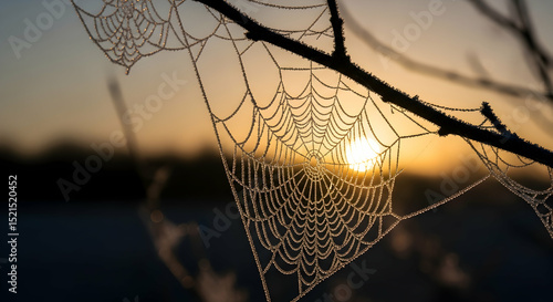 Iced Web Against the Backdrop of a Winter Sunrise in a Forest