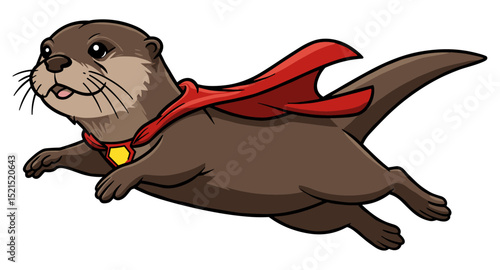 Super otter wearing a tiny superhero cape flying. Vector sticker design