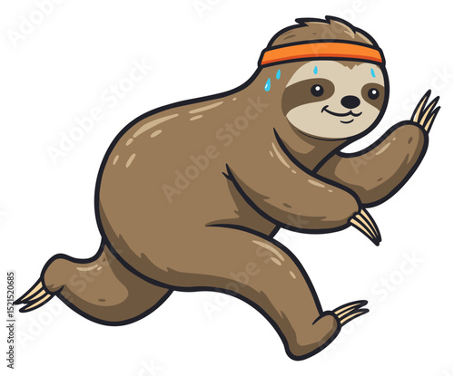 Tired sloth running a marathon, with a sweatband. Vector sticker design
