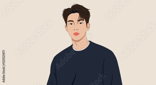 Young Asian man with a serious expression wearing a navy sweater on neutral background,Suitable for educational and online platforms, language schools, international companies, men's cosmetics