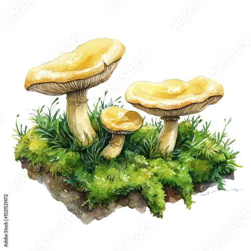 Forest Ground Moss Fungi, watercolor drawing vector, high quality, isolated on a white background.