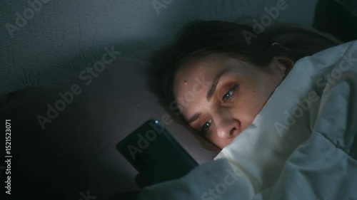 Young woman lying in bed, wrapped in blanket, scrolling through smartphone screen during late night hours, browsing social media or reading news before attempting to sleep. Woman use smartphone in bed