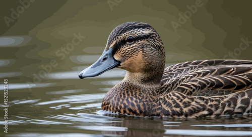 Close-up of a Mallard Duck on Water, Detailed Feather Patterns