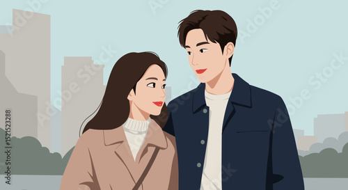 Young Asian couple smiling affectionately in a cityscape setting on a soft background, , for dating sites, relationship topics, psychologists, love, goods and services "for two", tourism