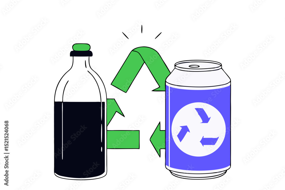 minimalist vector illustration featuring a plastic bottle and an aluminum can, both outlined in black with green accents minimalist vector illustration featuring a plastic bottle and an aluminum can, both outlined in black with green accents