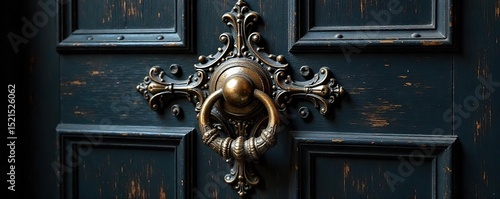 Ornate Victorian-era details on a dark wooden door, including intricate carvings and a brass knocker Perfect for historical, architectural, or design projects , metal, aesthetic, intricate