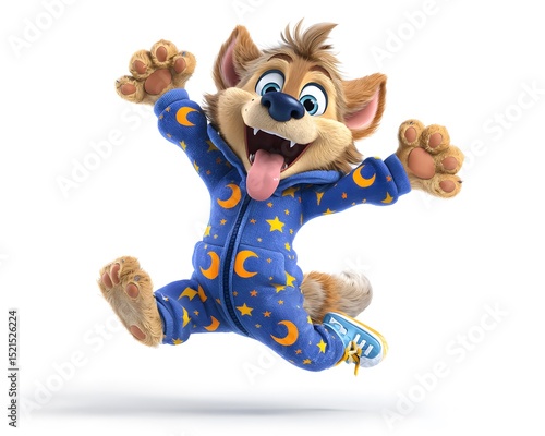 3D cartoon of a cheerful werewolf puppy footie pajamas