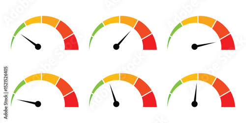 gauge icon, speedometer, tachometer, pressure, fuel and temperature meters for dashboards. Speedometer gauge meter icons. Vector scale, level of performance. Speed indicator. Infographic of risk. 