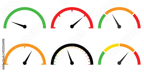 gauge icon, speedometer, tachometer, pressure, fuel and temperature meters for dashboards. Speedometer gauge meter icons. Vector scale, level of performance. Speed indicator. Infographic of risk. 