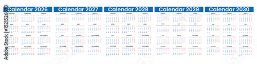 Vector calendar design 2026, 2027,2028,2029,2030 year. Calendar set template design for 2026, 2027,2028,2029 and 2030 year. Monthly calendar year and week start on Monday