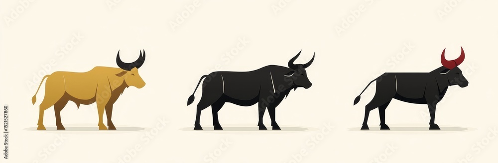 Obraz premium The 2021 year is represented by the ox in the Chinese zodiac, with a set featuring bulls in various styles, including golden, black, and red silhouettes