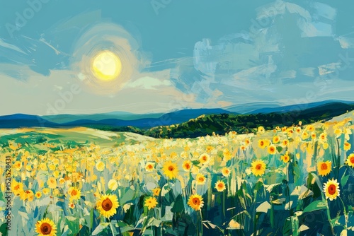 Serene sunflower field with tall blooms and a bright sun.