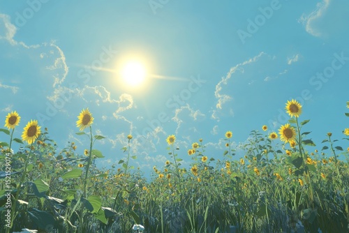 Serene sunflower field with tall blooms and a bright sun.