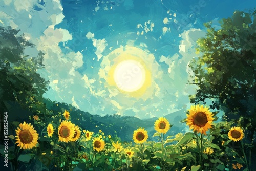 Serene sunflower field with tall blooms and a bright sun.