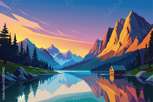 Serene Mountain Lake Sunset A Vibrant Digital Painting of Majestic Peaks and Tranquil Waters
