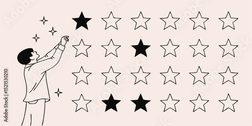 Person reaching for stars, aiming for the highest rating, achieving excellence