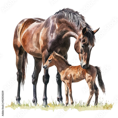 Foal Playing Beside Mother, watercolor vector, high quality, isolated on a white background.