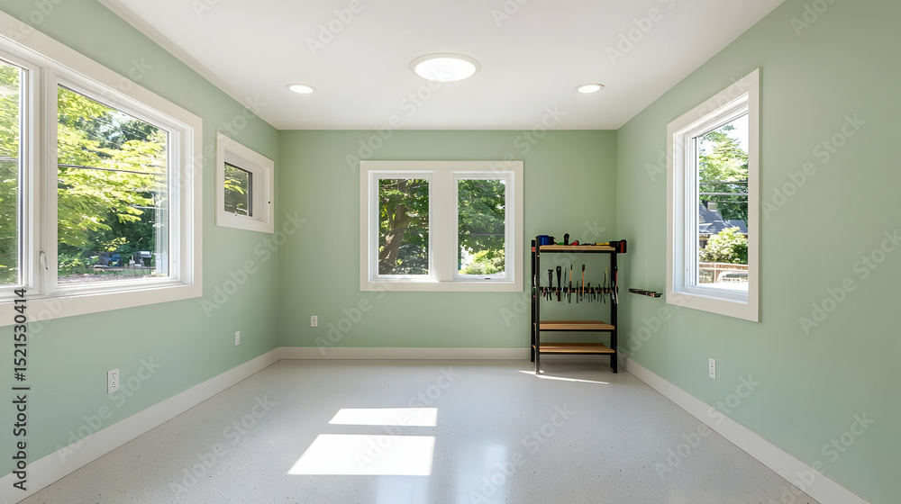 Fototapeta premium Bright Minimalist Interior Room With Sunlight Through Windows