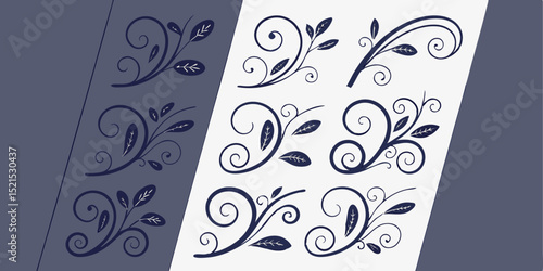 Collection of elegant dark-blue floral design elements on white and blue background