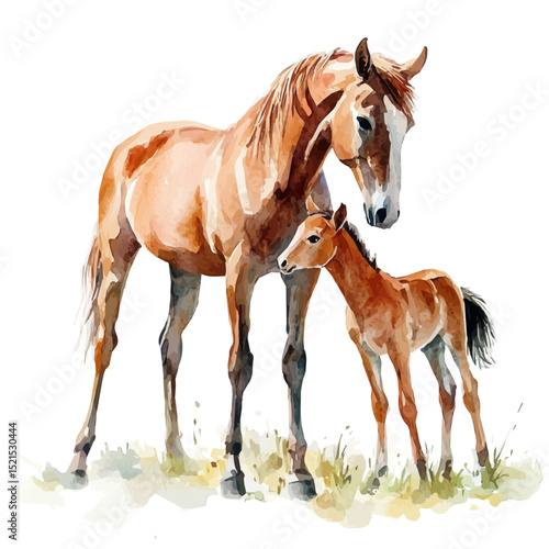 Foal Playing Beside Mother, watercolor painting vector, high quality, isolated on a white background.