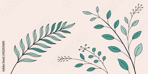 Elegant Green Botanical Illustration: Delicate Leaves and Branches