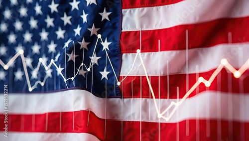 Wallpaper Mural American flag overlaid with crisp white stock market line graphs, showing dynamic price trends and financial data across patriotic red, white, and blue. Torontodigital.ca