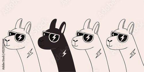 Three cool llamas wearing sunglasses, one black and two white, with lightning bolt tattoos
