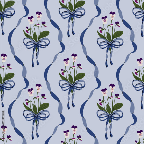 Wild Pansies Forest flowers, Coquette Bows, Vintage ribbon seamless Pattern. satin bow knots Damask